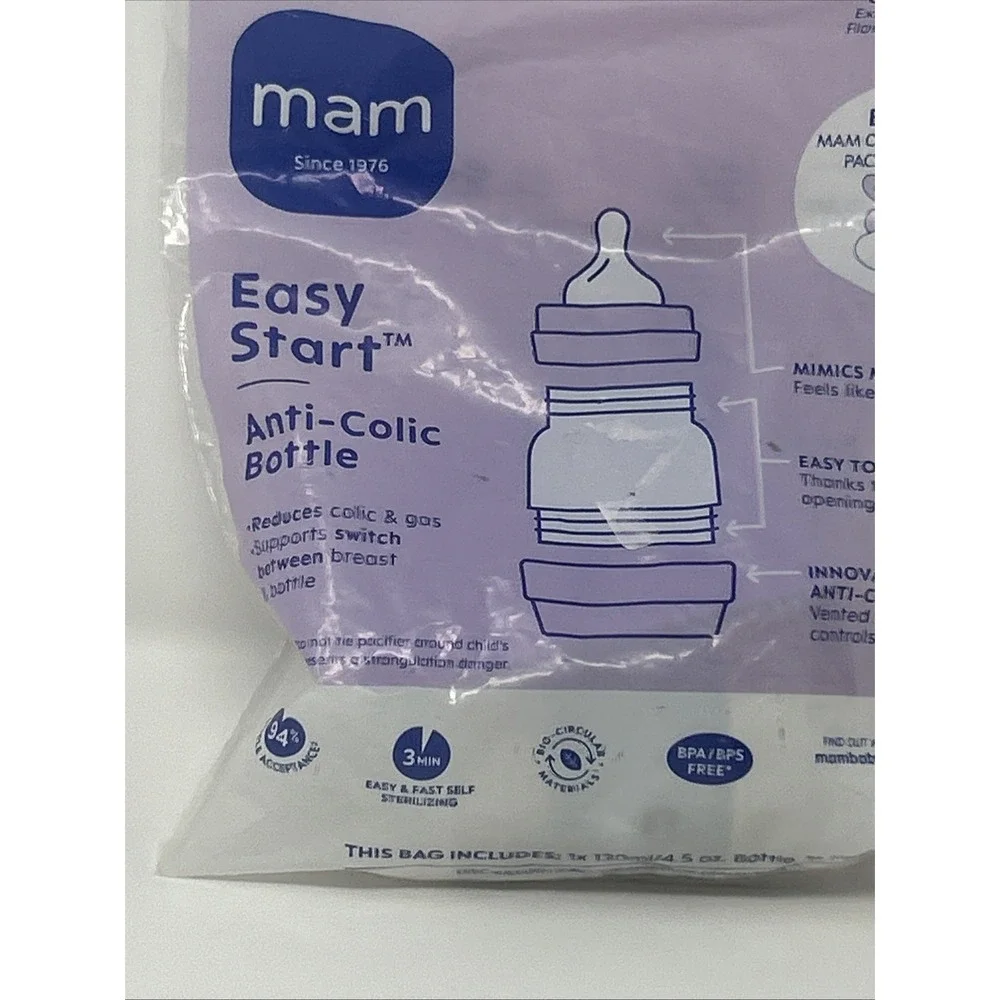 NEW MAM Easy Start Anti-Colic Bottle 4.5 oz & Bonus Original Start Pacifier 0+